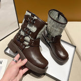 Sohiwoo Metal Decor Chunky Platform Ankle Boots Women Autumn Patchwork Thick Bottom Motorcycle Boots Woman Pu Leather Short Booties