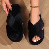 Sohiwoo Fashion Cross Band Fluffy Furry Slippers Women Cozy Open Toe Leopard Print Plush Home Shoes Woman Flat Heel Warm Fur Slides