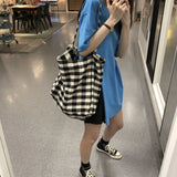 Sohiwoo Academy Style Black Checkered Canvas Bag DA Capacity Korean Open Square Shoulder Bag Cloth Bag Student Female New women handbags