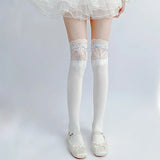 Sohiwoo Thigh High Socks Knit Lace Bowknot Autumn and Winter Thick Leg Warmers Stockings White Black Lolita Cute Over the Knee Socks