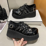 Sohiwoo New Rivet Chunky Platform Mary Janes Women Lace-Up Buckle Thick Bottom Flats Woman Japanese Style Punk Gothic Shoes Girls