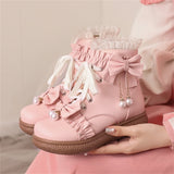 Sohiwoo Japanese Sweet Girl Shoes Cosplay Lolita Winter Warm Round Head Flat Bottom Pearls Ruffle Lacing Strap Elegant Solid Color Boots