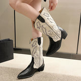 Sohiwoo New Retro Embroidered Cowboy Boots for Women Pointed Toe Chunky Heels Mid Calf Boots Woman Mix Color Slip on Western Booties