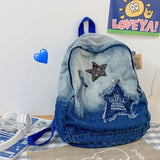 Sohiwoo Y2K Korean Casual Denim Backpack Fashion Star Pattern Large Capacity Student Schoolbag Teenagers Punk Travel Vintage Book Bag