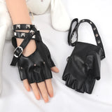 Sohiwoo Punk Gothic Black Rivet PU Leather Half-Finger Gloves Women Driving Motorcycle Party Cool Girl Dark Style Fingerless Mitten