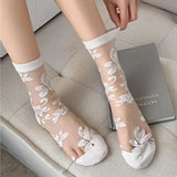 Sohiwoo Women's Socks Spring Summer Thin Cotton Socks Lace Flower Silk Fairy Stockings Hollowed Out Breathable Fashion Socks