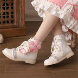 Sohiwoo College Style Cosplay Lolita Girl Shoes Round Head Flat Bottom Flower Pearls Winter Warm Lacing Strap Solid Elegant 2.5cm Boots