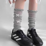 Sohiwoo Bow Knot Stockings Summer Women Lace Lolita White Sweet Knitted Socks Girl Casual Crew Loose Soft Knee Socks Fashion Accessories