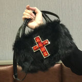 Sohiwoo Y2k Gothic Handbag Soft Plush Black Cross Applique Shoulder Bag Fashion Harajuku Style Punk Hip Hop Biker Crossbody Bag