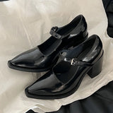 Sohiwoo Elegant Pointed Toe Chunky Heeled Pumps Women Fashion Patent Leather Mary Jane Shoes Woman Black Thick High Heels Party Shoes
