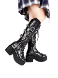 Sohiwoo New black Punk Style Goth Harajuku Women's Shoes High Heel 7cm Platform Buckle Lace Up Knee High Motorcycle Boots