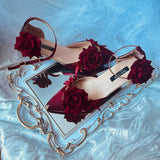 Sohiwoo Retro Elegant Cosplay Flower Wedding Loli Girl Gorgeous Red  Black Satin Rose Metal Fine Chain Pointed 8cm High Heeled Shoes