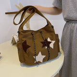 Sohiwoo Women Cute Messenger Bag Large Capacity Canvas Lovely Shoulder Bag Star Applique Y2K Street Style School Bag for Teens Students