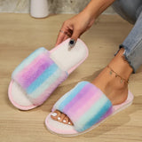 Sohiwoo Rainbow Furry Fluffy Slippers Women Non Slip Flat Heels House Slippers Woman Winter Lightweight Home Floor Shoes Indoor Slides