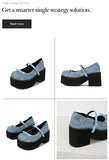 Sohiwoo New Round Toe Denim Blue Thick-soled High Heels Shoes All-match Non-Slip Mary Jane Shoes Platform High Heels Thick Bottom Shoes