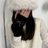 Sohiwoo Korea Bow Rhinestone Knitted Fur Gloves Sweet Y2K Winter Thickened Cute Half Finger Gloves Women Lolita Mittens JK Accessories