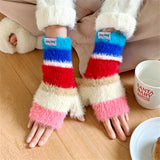 Sohiwoo Winter Rainbow Knitted Half Finger Gloves Mink Fleece Soft Warm Stripe Plush Fingerless Gloves Women's Long Wrist Mittens Decor