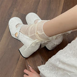 Sohiwoo Trendy Elegant Bowknot Girls Mary Jane Shoes Buckle Single Shoes College Style Footwear High Heel Pumps Thick Heel Shoes