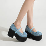 Sohiwoo New Round Toe Denim Blue Thick-soled High Heels Shoes All-match Non-Slip Mary Jane Shoes Platform High Heels Thick Bottom Shoes