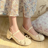 Sohiwoo Japanese Cute Women Ballet Shoes Lolita Round Toe Bowtie Mary Jane Shoes College Ladies High Heels Elegant Pumps Wedding Shoes