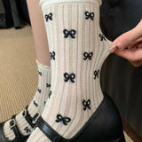 Sohiwoo Cute Bowknot Socks Women Girls Lace Sweet Bow Sock Hollow Out Long Socks Casual Crew Loose Sox Summer Thin Mid-tube Stockings