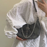 Sohiwoo Retro Black Women's Small Shoulder Bag Fashion Half Moon Female Underarm Bag Chain Design Ladies Tote Purse Portable Handbag