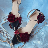 Sohiwoo Retro Elegant Cosplay Flower Wedding Loli Girl Gorgeous Red  Black Satin Rose Metal Fine Chain Pointed 8cm High Heeled Shoes