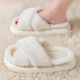 Sohiwoo Winter Cross Fluffy Fur Slippers Casual Female Flip Flops Fluffy Shoes Home Platform Indoor Soft Flat Women Warm Plush Slippers