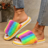 Sohiwoo Rainbow Furry Fluffy Slippers Women Non Slip Flat Heels House Slippers Woman Winter Lightweight Home Floor Shoes Indoor Slides