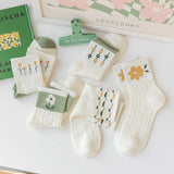 Sohiwoo Girls Short Socks 5 Pairs Cute Medium Flowers Print Sweet Style Skin-Friendly Comfortable Breathable Cotton