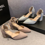 Sohiwoo Women Sexy Sequin Ankle Strap High Heels Autumn Woman Pointed Toe Pumps Female Suede Buckle Fashion Shallow Women Pumps D129