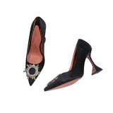 Sohiwoo Black Sunflower Buckle High Heels, Cat Heels, New Water Diamond Sexy Shallow Mouth Pointed Single Shoes