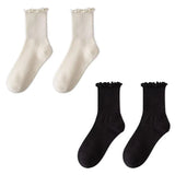 Sohiwoo Lovely Wooden Ear Edge Pile Middle Tube Socks Women INS Style Kawaii Light Luxury Solid Color Ruffles Harajuku Cute Socks