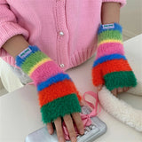 Sohiwoo Winter Rainbow Knitted Half Finger Gloves Mink Fleece Soft Warm Stripe Plush Fingerless Gloves Women's Long Wrist Mittens Decor