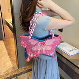 Sohiwoo Y2K Underarm Bag with Bow Knot, Beauty Pink Butterfly Handheld Chain Bag, Lady Style INS Denim Tassel Shoulder Bag