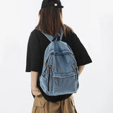 Sohiwoo Washed Denim Multi Pocket Backpack Fashion Vintage Women's Backpack Men Leisure Student School Bags Trendy Cool Travel Book Bag