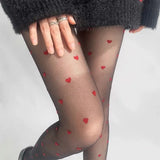 Sohiwoo Stockings Woman Ultra thin Red Heart-shaped Dots Sexy Pantyhose Breathable Comfortable Long Black Stockings for Women