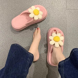 Sohiwoo 7cm Thick Bottom Summer New Women's Herringbone Slippers High Soft Bottom Anti-skid Beach Shoes Lovely Big Flower Home Slippers