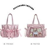 Sohiwoo Sweet Ribbon Satin Bow Tote Bag Ballet Style Original Comic Handbag Beautiful Double Large Capacity Student Shoulder Bag