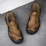 Sohiwoo Large Size Sandals Men ' s Summer New Leather Baotou Outdoor Sports Beach Shoes Breathable Outdoor Light Casual Shoes Men