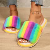 Sohiwoo Rainbow Furry Fluffy Slippers Women Non Slip Flat Heels House Slippers Woman Winter Lightweight Home Floor Shoes Indoor Slides