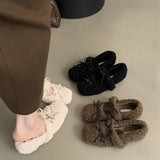 Sohiwoo Vintage Women Fur Flats Shoes Fashion Shallow Butterfly-knot Shoes Spring Autumn Ladies Elegant Keep Warm Shoes