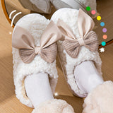 Sohiwoo Cute Big Bowtie Home Cotton Slippers Women Winter Soft Thick Bottom Indoor Slippers Woman Non-Slip Flat Heels House Shoes