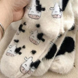 Sohiwoo 2Pairs Lovely Cow Pattern Fuzzy Crew Socks Milk Spotted Plush Thickened Soft Cute Comfortable Mid Tube Socks Warm Autumn Winter