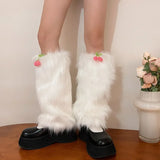 Sohiwoo Women Cherry Fur Faux Leg Warmers Kawaii Lolita Leggings Boots Stocking Y2k Girls Boot Cover Harajuku Fur Foot Warming Cover