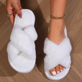 Sohiwoo Fashion Cross Band Fluffy Furry Slippers Women Cozy Open Toe Leopard Print Plush Home Shoes Woman Flat Heel Warm Fur Slides