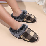 Sohiwoo Plaid Thicken Plush Fur Slippers Women Winter Closed Toe Couple Home Slippers Woman Comfort Soft Sole House Shoes Slides