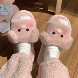 Sohiwoo Autumn and Winter Soft Sole Home Comfortable Warm One Word Plush Slippers New Cartoon Cute Animal Women's Cotton Slippers