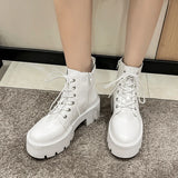 Sohiwoo Black Chunky Platform Ankle Boots for Women  Spring Thick Bottom Lace Up Shoes Woman Retro White Pu Leather Short Boots