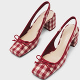 Sohiwoo Women Chunky Heeled Sandals Retro Square Toe Mary Janes Pumps Shoes Slingbacks Spring Summer High Heels Baotou Plaid Shoes